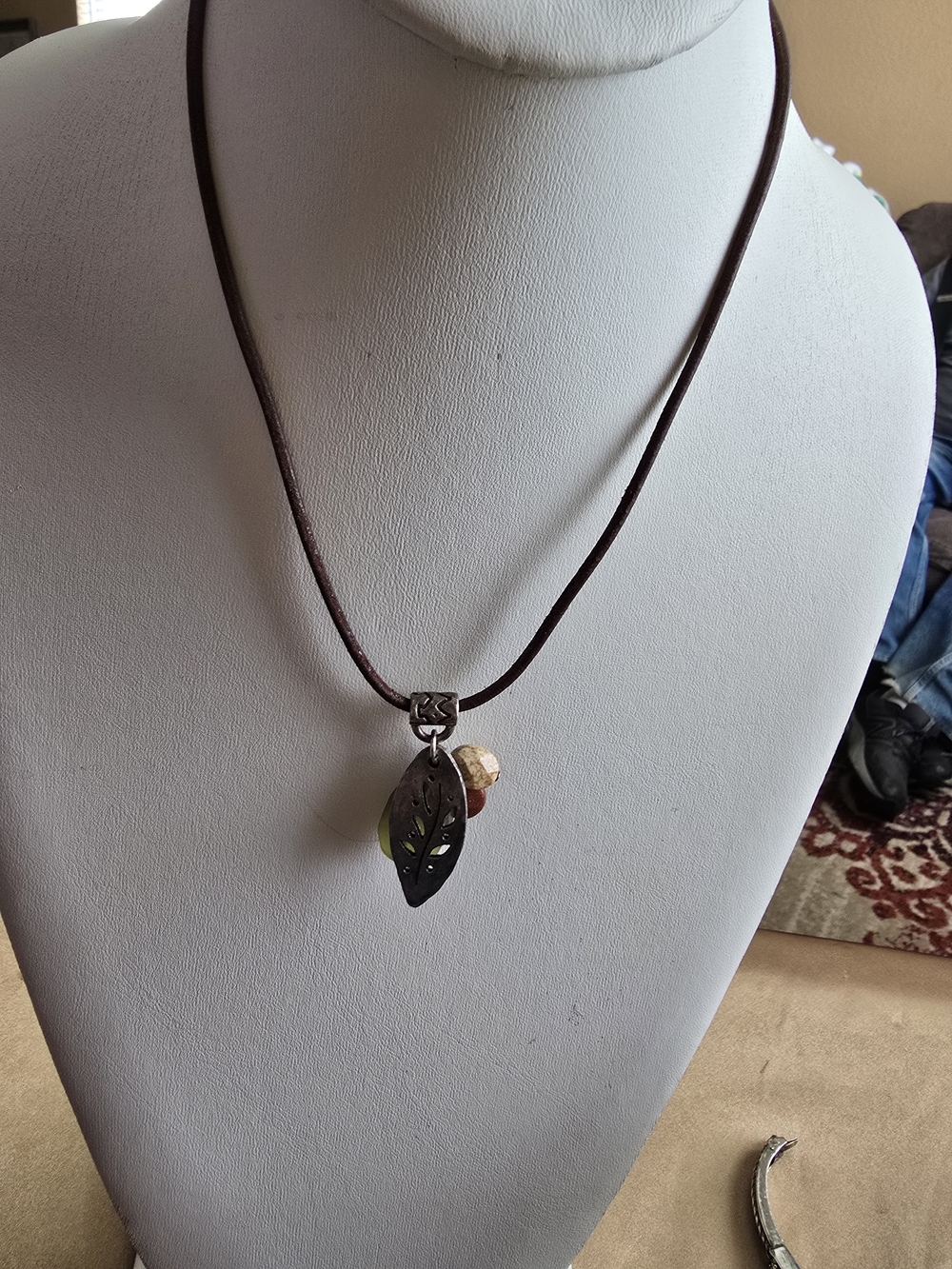 Chico's Brown Cord Necklace with Dark Leaf Pendant and Green Accent